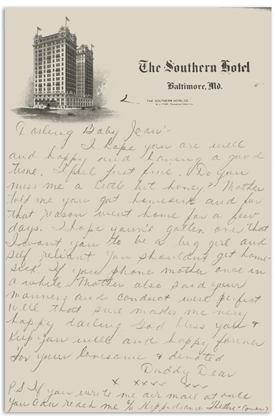 How Howard Autograph Letter Signed ''Daddy Dear'' to His Daughter -- From the 1930s on Baltimore Hotel Stationery -- Single Sheet in Pencil Measures 6'' x 9.25'' -- Near Fine